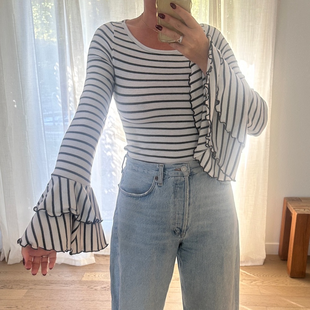 Free People Black and White Striped Flare Sleeve Top